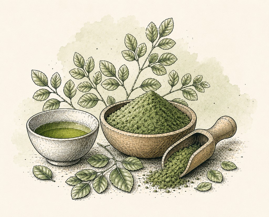 Botanical illustration of moringa powder, leaves, and green infusion