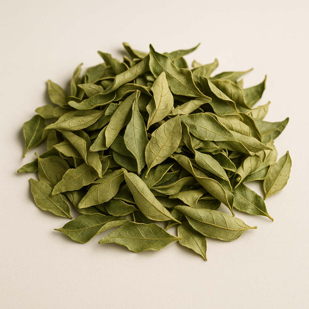 Vibrant, authentic dried curry leaves from Melbourne next to pale, stale supermarket curry leaves.