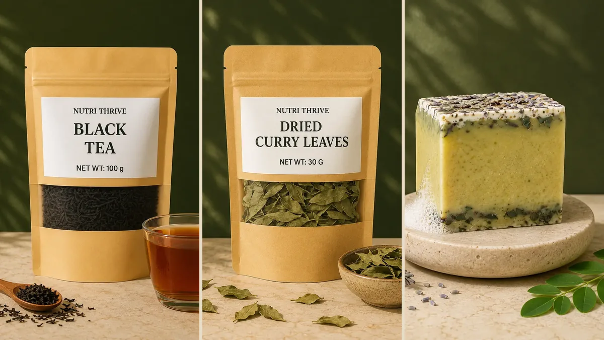 NutriThrive Diwali Gift Box items: Darjeeling black tea, dried curry leaves and moringa lavender soap