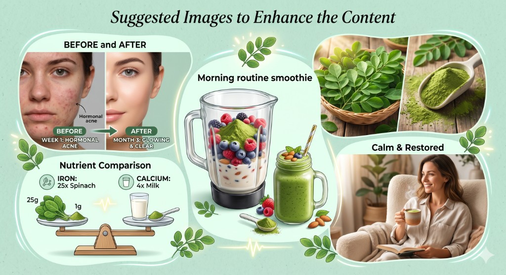 Visual guide: hormonal acne before and after moringa, iron and calcium vs spinach and milk, morning moringa smoothie, fresh leaves and powder, calm restored energy