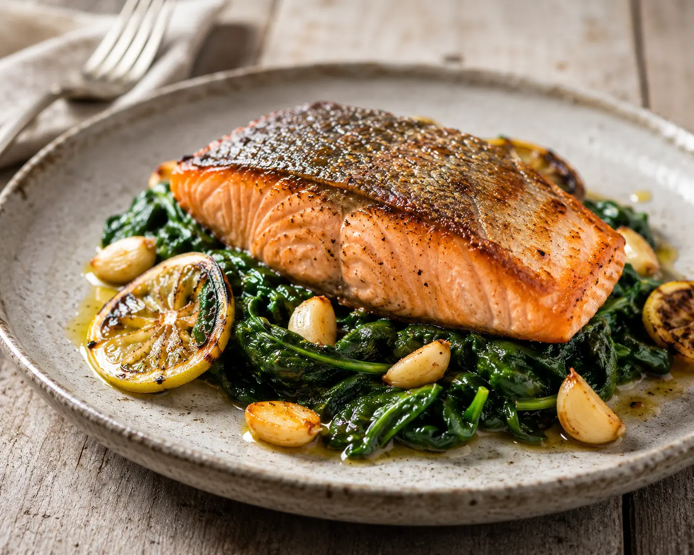 pan-seared salmon fillet with lemon garlic and wilted greens
