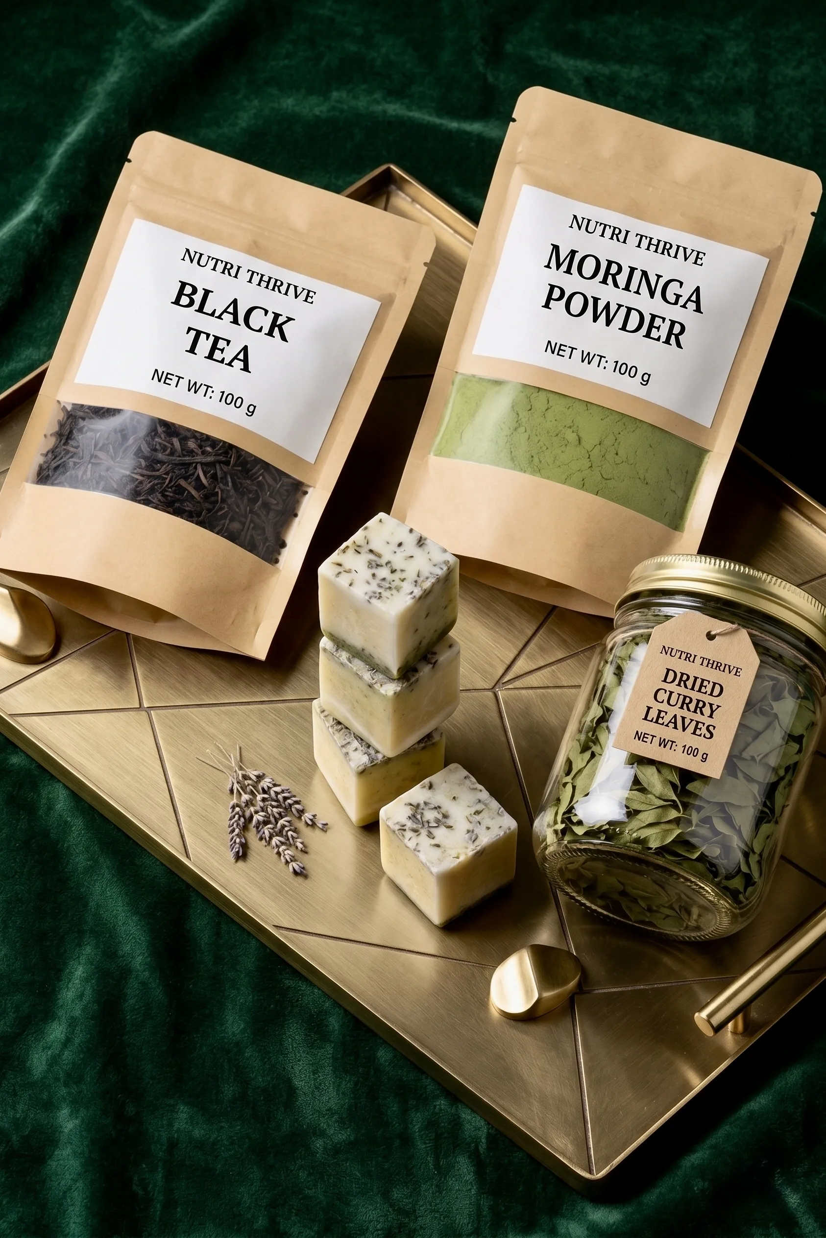NutriThrive Gift Pack: moringa powder, black tea, dried curry leaves, and moringa lavender soap
