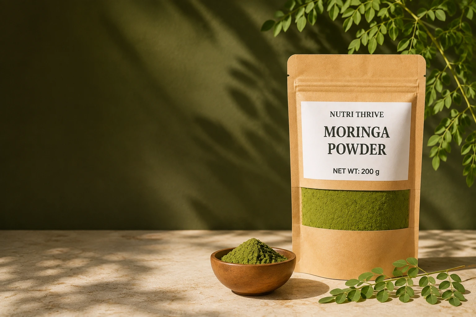 NutriThrive 200g moringa powder pouch with a bowl of powder in warm botanical light