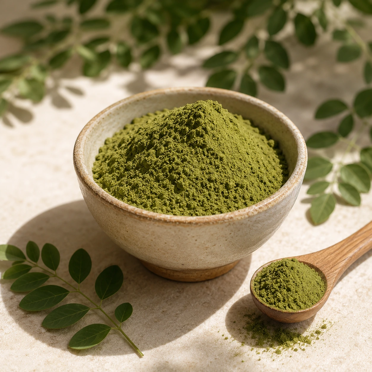 Finely milled green moringa leaf powder in a ceramic bowl with a wooden spoon