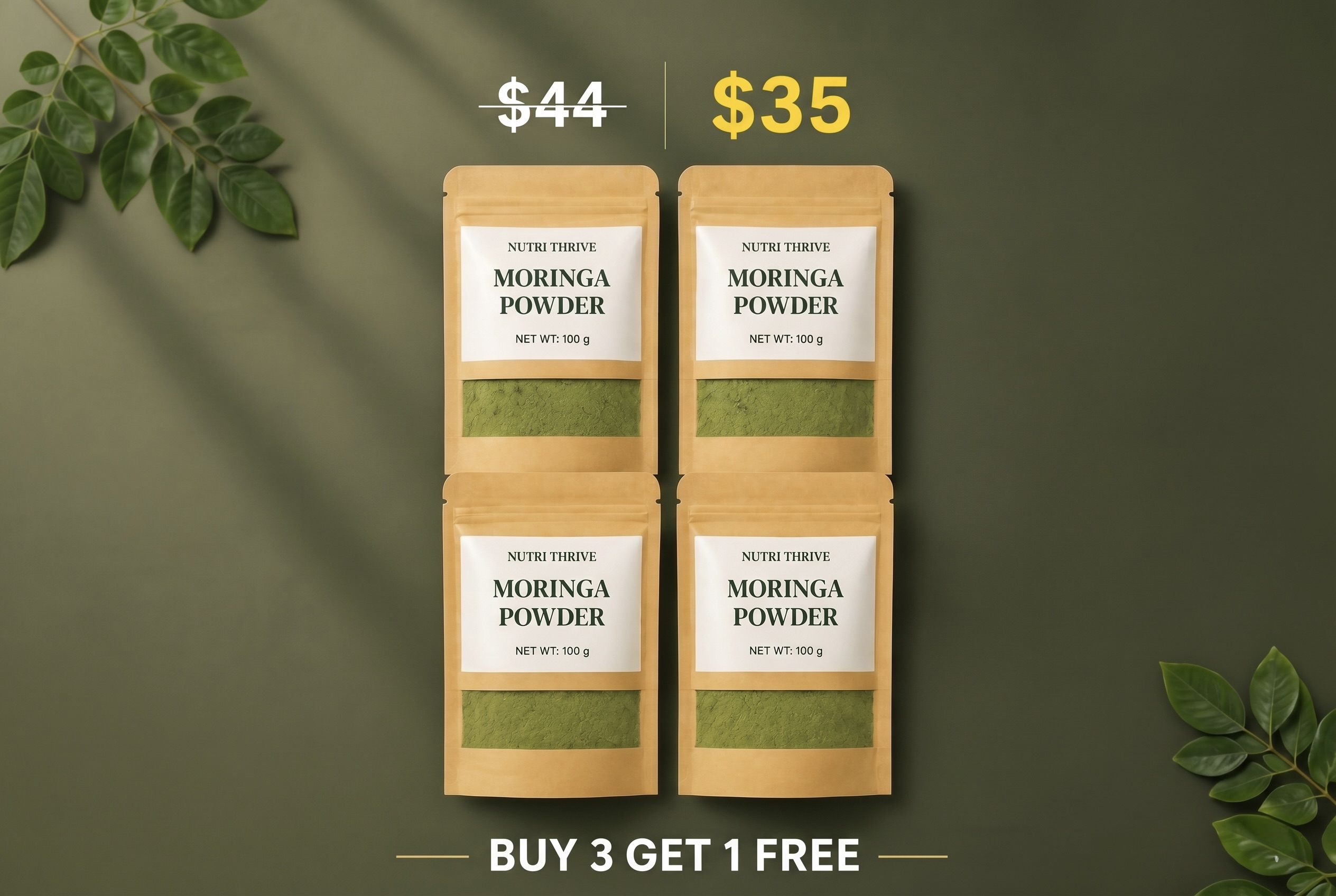 4 Pack Moringa Bundle showing four pouches of premium moringa powder