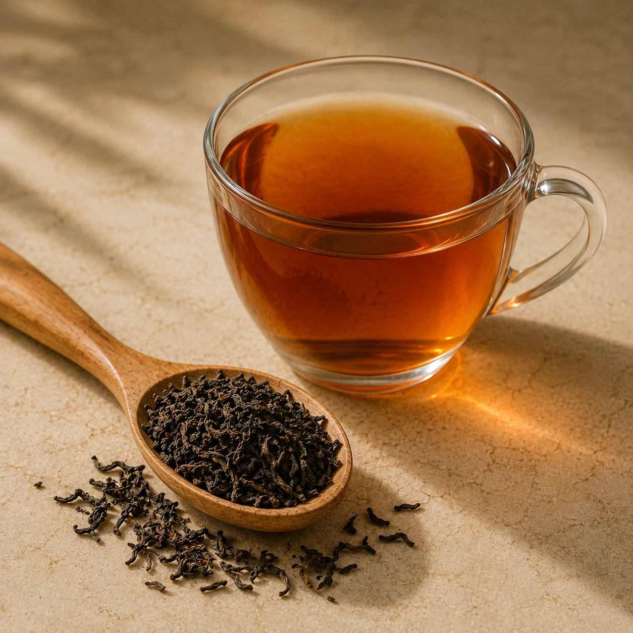 Amber Darjeeling black tea with loose tea leaves in a wooden spoon