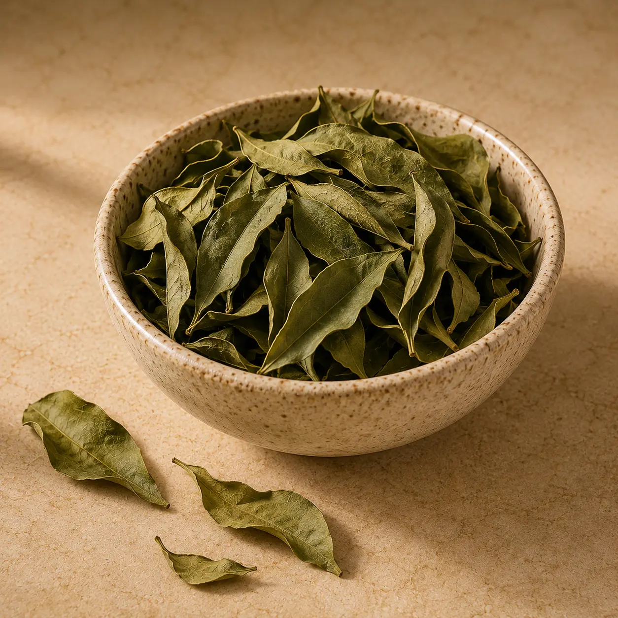 Whole dried curry leaves in a ceramic bowl