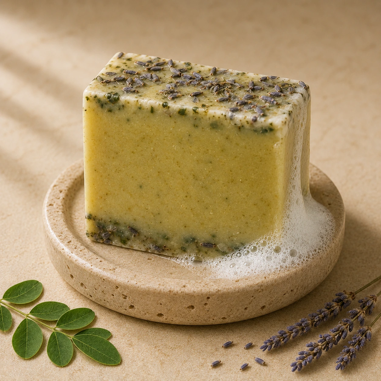 Handmade moringa soap bar with lavender flowers and soft foam on a stone dish