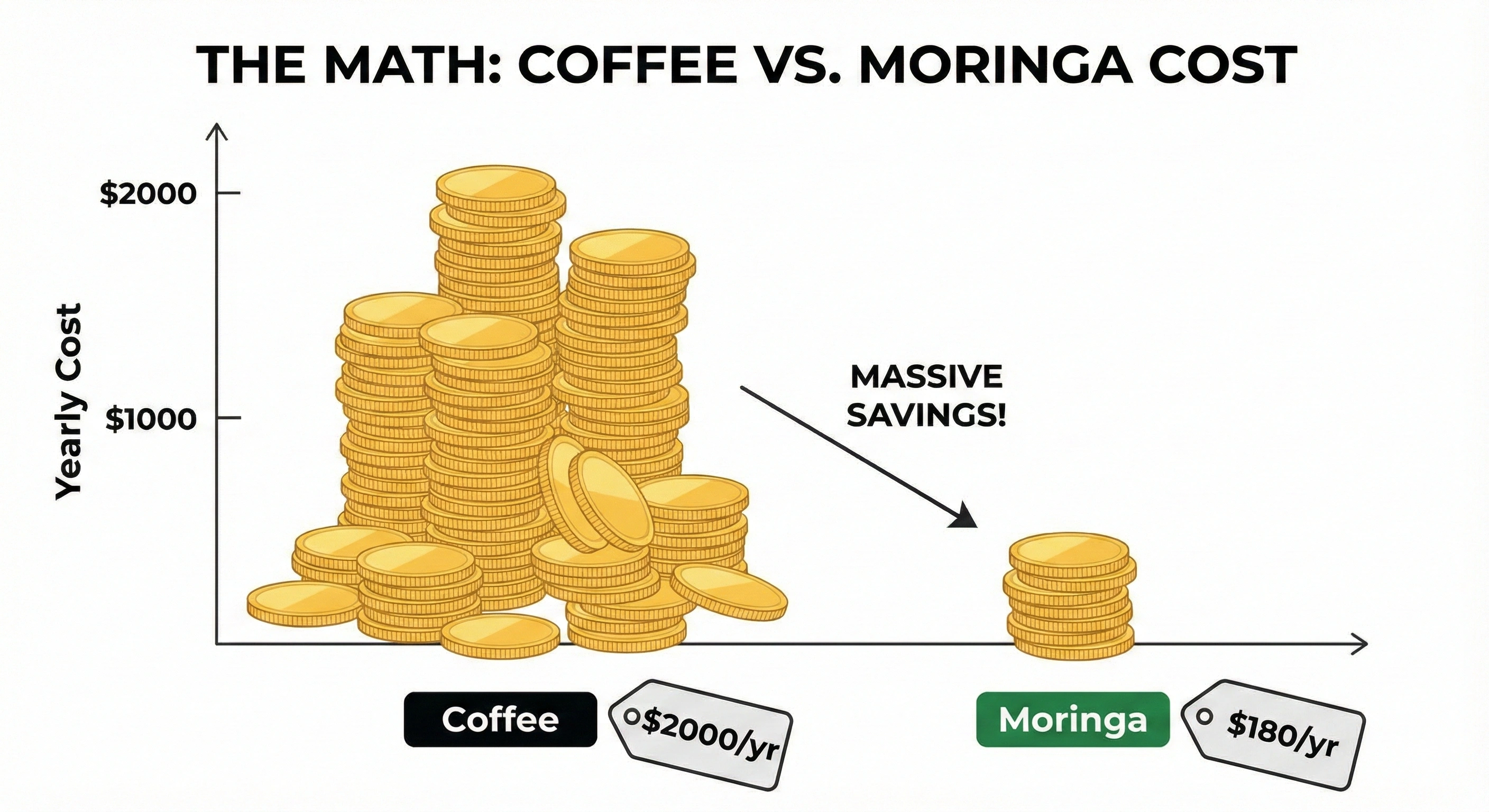Cost comparison chart: Coffee vs Moringa - Save $2,000 per year
